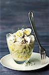 Verrine of sprouts with mushrooms quail's eggs and bear's garlic