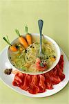 Vagetable broth with vermicelli and beef carpaccio