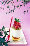 Verrine of honey,fromage blanc mousse with raspberries and pistachios