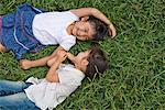 Two girls lying on grass in a park