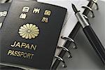 Diary with fountain pen and Japanese passport