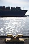 Close-up of Bollard, Container Ship in the Background, Elbe River, Hanburg, Germany