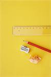 Close-up of Pencil Sharpener, Pencils, and Ruler