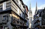 France, Brittany, Quimper, old city, medieval half-timbered houses and cathedral
