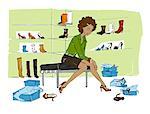 Illustration of Woman Trying on Shoes in Shoe Store