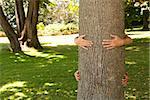 Deux enfants s'enlaçant un tronc d'arbre