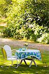 Deux chaises avec un maillets de croquet et de table dans un jardin