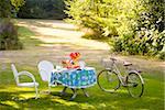 Table de petit déjeuner et une bicyclette dans un jardin