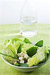 Salade de mesclun et cubes de tofu, carafe d'eau dans le fond