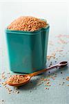Red lentils in plastic canister, tablespoon of lentils nearby