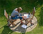 Woman working on a laptop in the garden