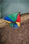 Broken Umbrella by Tent at Glastonbury Festival, South West England, England