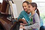 Father teaching daughter how to play the piano