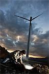 Man Burying Light Bulb with Wind Turbine in Background