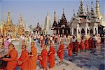 Ligne de moines bouddhistes avec mendicité bols, pagode Shwedagon (Shwe Dagon), Yangon (Rangoon), Myanmar (Birmanie), Asie