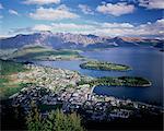 Elevated view over Queenstown to the Eyre mountain range, Queenstown, South Island, New Zealand, Pacific