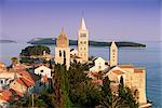 Medieval Rab Bell Towers and elevated view of the town, Rab Town, Rab Island, Dalmatia, Dalmatian coast, Croatia, Europe