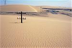 Migrating barchan sand dunes across road marked by buried telegraph poles, Kharga basin, Western Desert, Egypt, North Africa, Africa