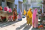 Typical coloured Rajasthani saris, Pushkar, Rajasthan, India, Asia