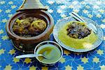 Traditional food including chicken tajine and lamb with couscous, Marrakech (Marrakesh), Morocco, North Africa, Africa