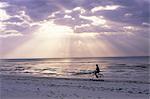 Pêcheur à vélo le long de la plage, près de Bweju, sur fond de ciel dramatique, île de Zanzibar, Tanzanie, Afrique de l'est, Afrique