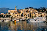 Fishing boat leaving harbour, Menton, Alpes-Maritimes, Cote d'Azur, Provence, French Riviera, France, Mediterranean, Europe