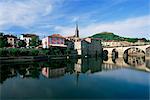 View across the Aveyron River, St. Antonin-Noble-Val, Tarn-et-Garonne, Midi-Pyrenees, France, Europe