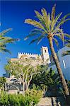 Church framed by palm trees, Peniscola, Costa del Alzahar, Valencia, Spain, Europe