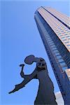 Hammering Man statue and Fair Tower, Frankfurt, Hesse, Germany, Europe