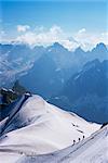 View from Mont Blanc towards Grandes Jorasses, with mountaineers on Cosmiques Ridge, Mont Blanc, French Alpes, France, Europe