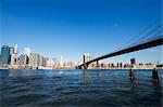 Manhattan skyline, Brooklyn Bridge and the East River from the Fulton Ferry Landing, Brooklyn, New York City, New York, United States of America, North America