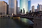 Skyscrapers on West Wacker Drive and the Chicago River by the Franklyn Street Bridge, Chicago Illinois, United States of America, North America