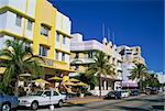 Outdoor cafe in front of the Leslie Hotel, Ocean Drive, Art Deco District, South Beach, Miami Beach, Miami, Florida, United States of America, North America