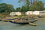 Fishing boats pulled up onto beach, Albreda, Gambia, West Africa, Africa