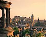 The Dugald Stewart Monument and view over Princes Street including the Waverley Hotel clock tower, Edinburgh, Lothian, Scotland, United Kingdom, Europe