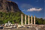 Columns and ruins of the Ionian Temple to Athena and the Greek theatre at the archaeological site of Priene, Anatolia, Turkey, Asia Minor, Eurasia