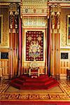 Throne in Queen's robing room, Houses of Parliament, Westminster, London, England, United Kingdom, Europe