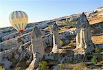 Hot air ballooning over rock formations, Cappadocia, Anatolia, Turkey, Asia Minor, Asia