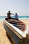 Fishing boat on beach at Santa Maria on the island of Sal (Salt), Cape Verde Islands, Atlantic Ocean, Africa