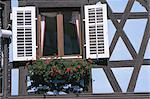 Window in timbered house, old town, Ribeauville, Alsace, France, Europe