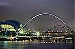 The Sage and the Tyne and Millennium Bridges at night, Gateshead/Newcastle upon Tyne, Tyne and Wear, England, United Kingdom, Europe