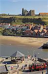 Whitby abbey, sandy beach and harbour, Whitby, North Yorkshire, Yorkshire, England, United Kingdom, Europe