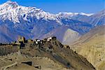 Fortified village of Jharkot and Nilgiri mountains in the background, near MUKtinath, Nepal