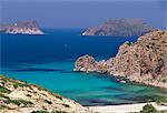 Aerial view of Plathiena beach and rocks, north of Plaka, Milos, Cyclades islands, Greece, Mediterranean, Europe