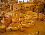 Ancient Minoan pottery, Ancient Akrotiri Museum, Akrotiri, Santorini (Thira), Cyclades Islands, Greek Islands, Greece, Europe