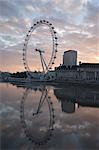 The London Eye reflected in the calm water of the River Thames in the early morning, London, England, United Kingdom, Europe