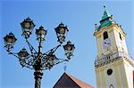 Tower of Old Town Hall and wrought iron 19th century street lamp, Bratislava, Slovakia, Europe