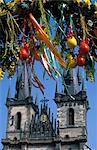 Easter gate decoration hanging from the Easter gate on Old Town Square, with Tyn church towers in the background, Old Town, UNESCO World Heritage Site, Prague, Czech Republic, Europe