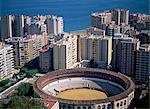 Aerial view over the bullring and city, Malaga, Costa del Sol, Andalucia (Andalusia), Spain, Mediterranean, Europe