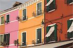 Coloured house fronts with windowboxes, Burano, Venetian lagoon, Veneto, Italy, Europe